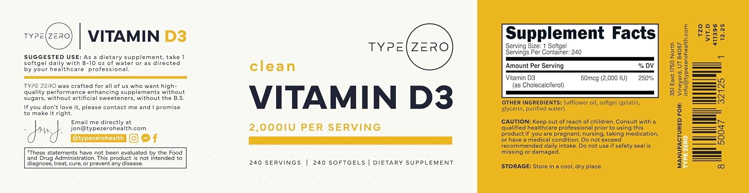 Type Zero Vitamina D3 2000 UI, 240 Cápsulas Blandas - No Transgénico y Sin Gluten