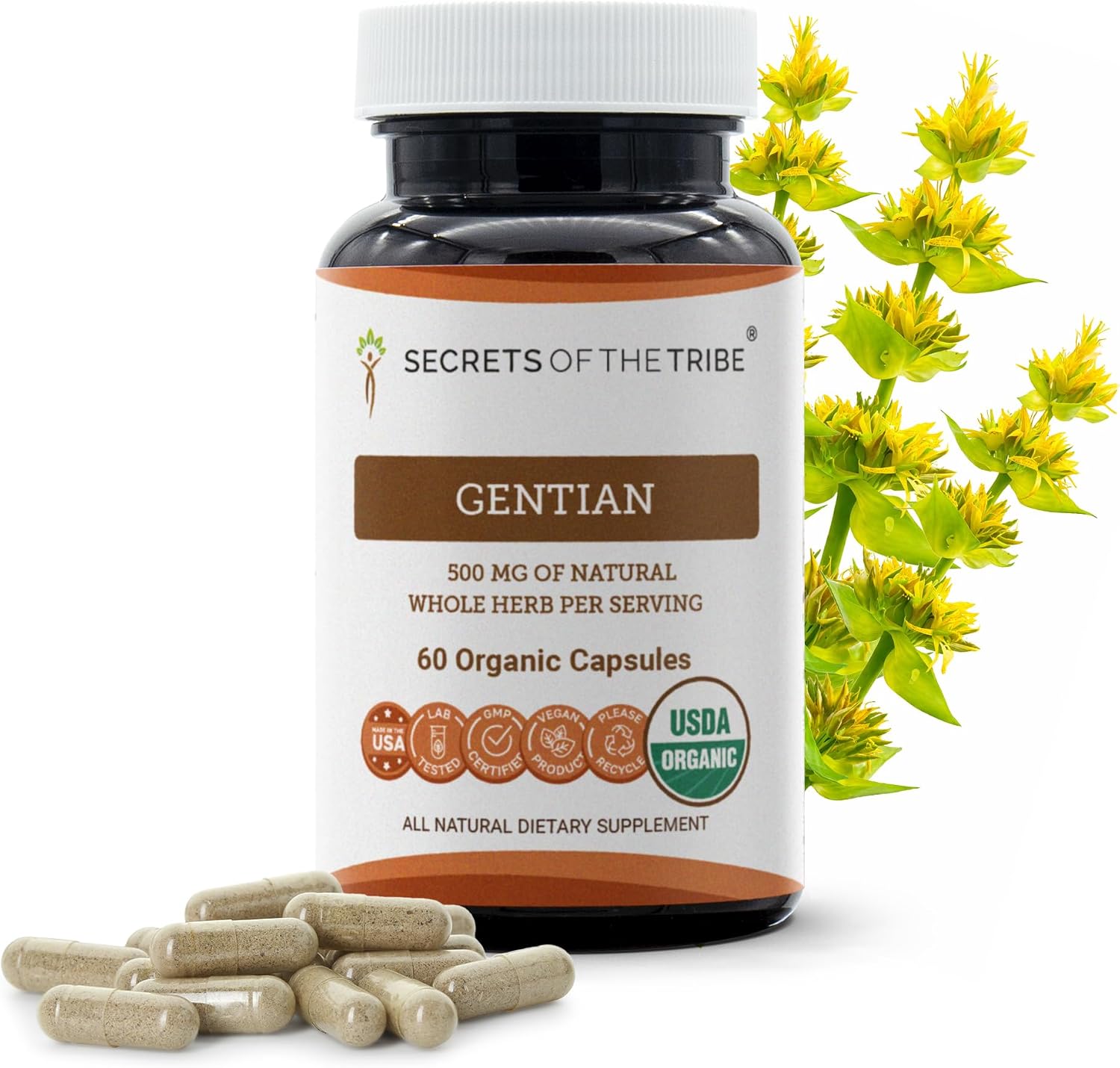 Secrets of the Tribe Genciana Orgánica USDA - Cápsulas Vegetarianas de Raíz de Genciana (60 cápsulas)