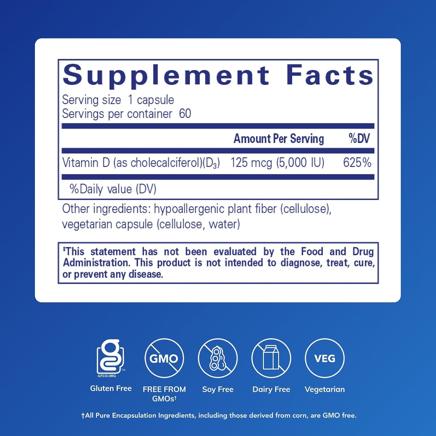 Pure Encapsulations Vitamina D3 125 mcg (5000 UI) - 60 cápsulas