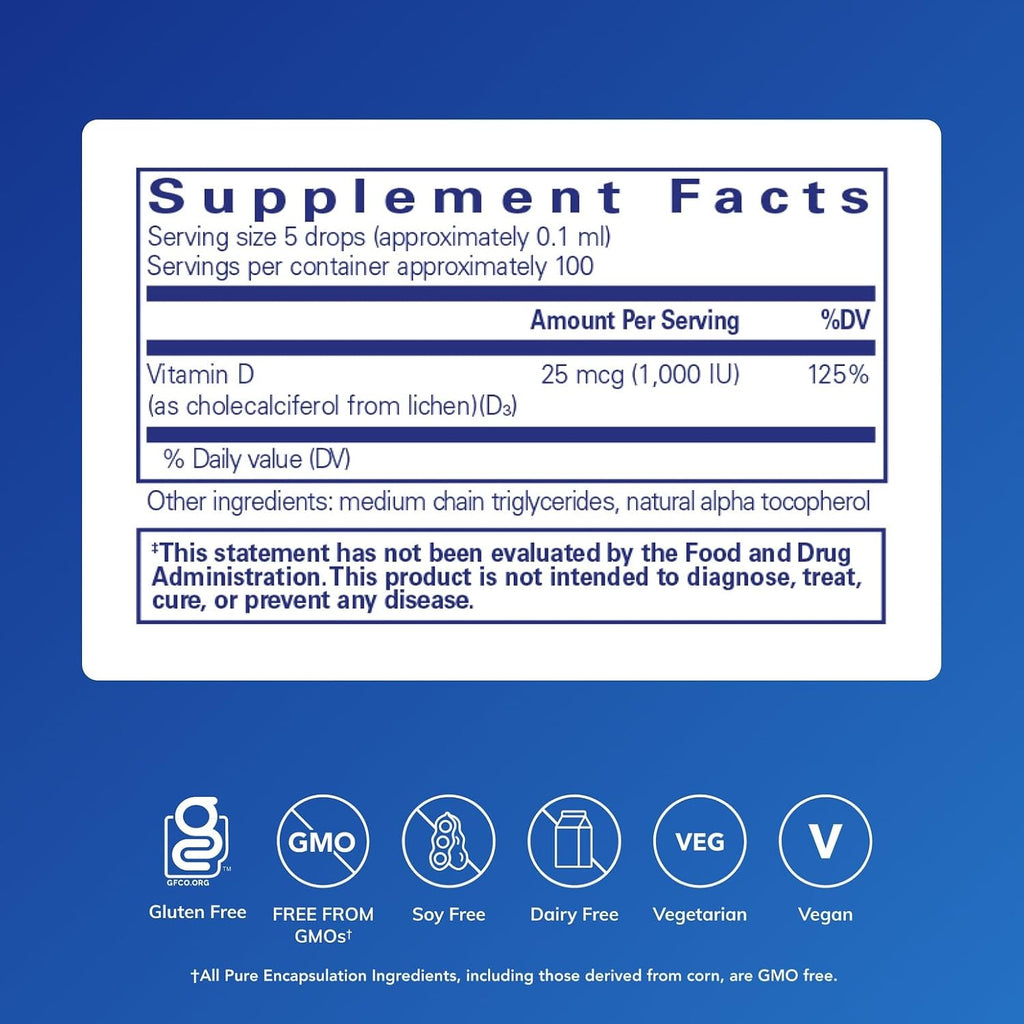 Pure Encapsulations Vitamina D3 (Vegana) Líquida | Hipoalergénica para Huesos e Inmunidad | 0.3 fl oz