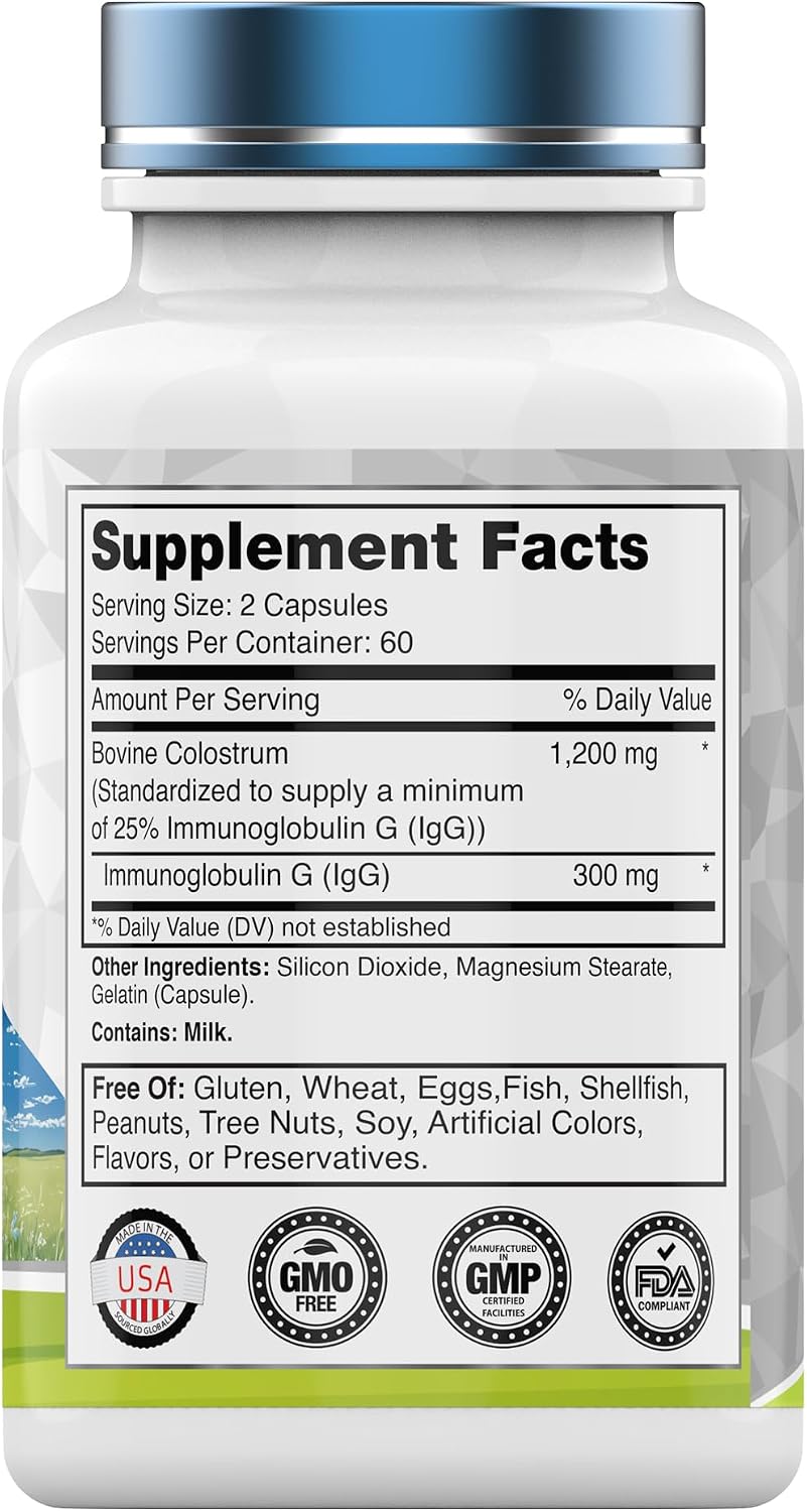 Calostro Bovino en Cápsulas 1.200 mg, 120 Cápsulas - Estandarizado al 25% IgG - No Transgénico
