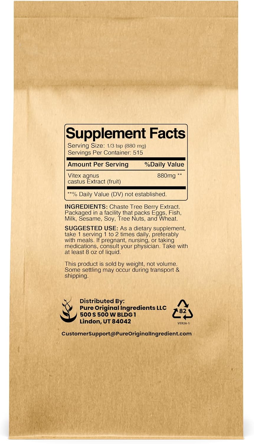 PURE ORIGINAL INGREDIENTS Extracto de Sauzgatillo (1lb) Vitex Agnus-Castus, No-GMO