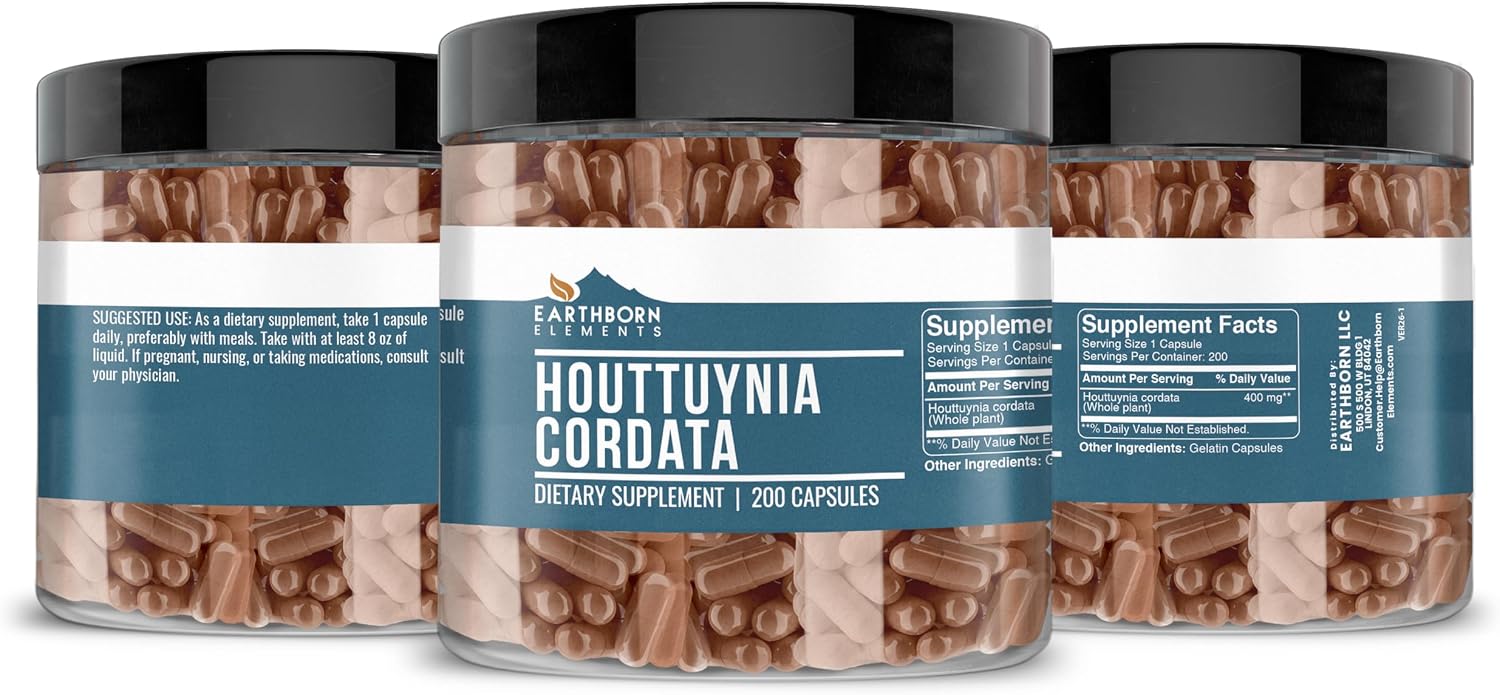 Earthborn Elements Houttuynia Cordata 200 Cápsulas, Puro y Sin Diluir, Sin Aditivos