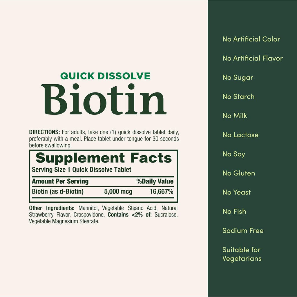 Nature's Bounty Biotina 5000 mcg – 60 Comprimidos de Disolución Rápida