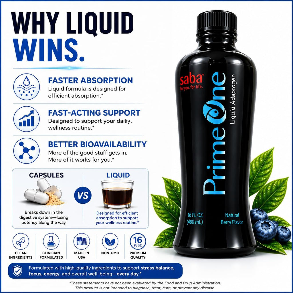 Saba Prime One Líquido Adaptógeno con Ashwagandha, Rhodiola, Reishi, Ginseng y Eleuthero - 946 ml