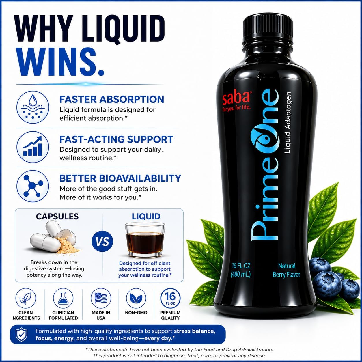 Saba Prime One Líquido Adaptógeno con Ashwagandha, Rhodiola, Reishi, Ginseng y Eleuthero - 946 ml