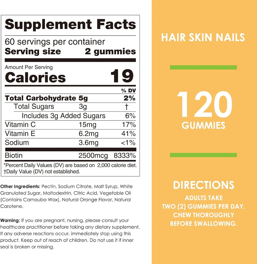 Nature's Key Biotin Gummies con Vitaminas C y E - Mantenimiento del Cabello, Piel y Uñas - Vegano - Sabor Naranja - 120 Gominolas