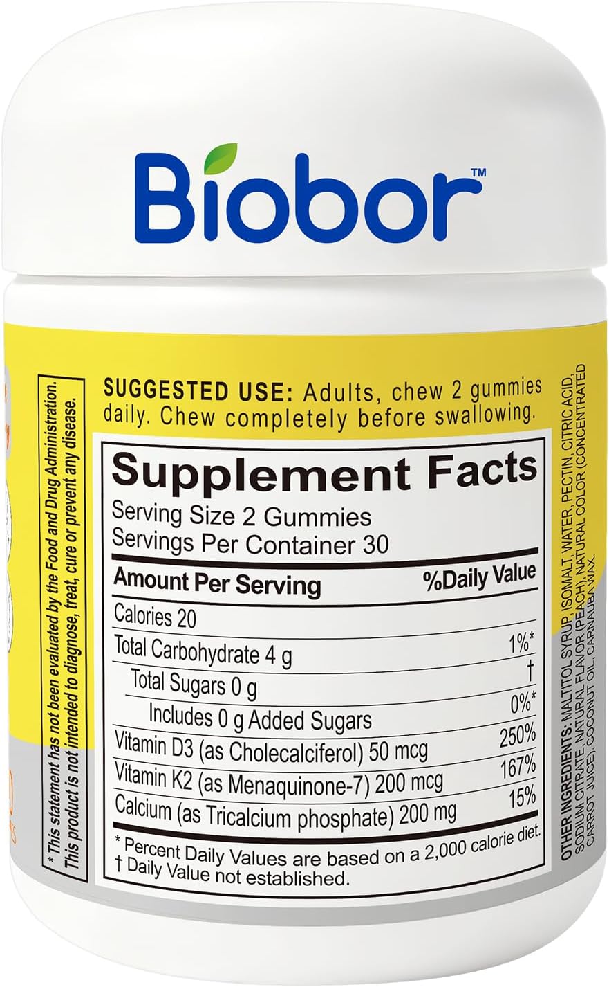 Biobor Gominolas de Vitamina D3 K2 con Calcio, 2000 UI D3, 200 mcg K2 (MK-7), 200 mg Calcio, Sin Azúcar, Melocotón Amarillo, 60 unidades
