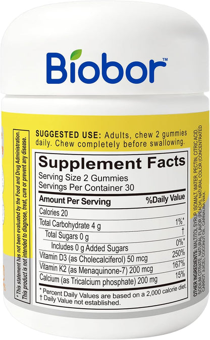 Biobor Gominolas de Vitamina D3 K2 con Calcio, 2000 UI D3, 200 mcg K2 (MK-7), 200 mg Calcio, Sin Azúcar, Melocotón Amarillo, – Image 2