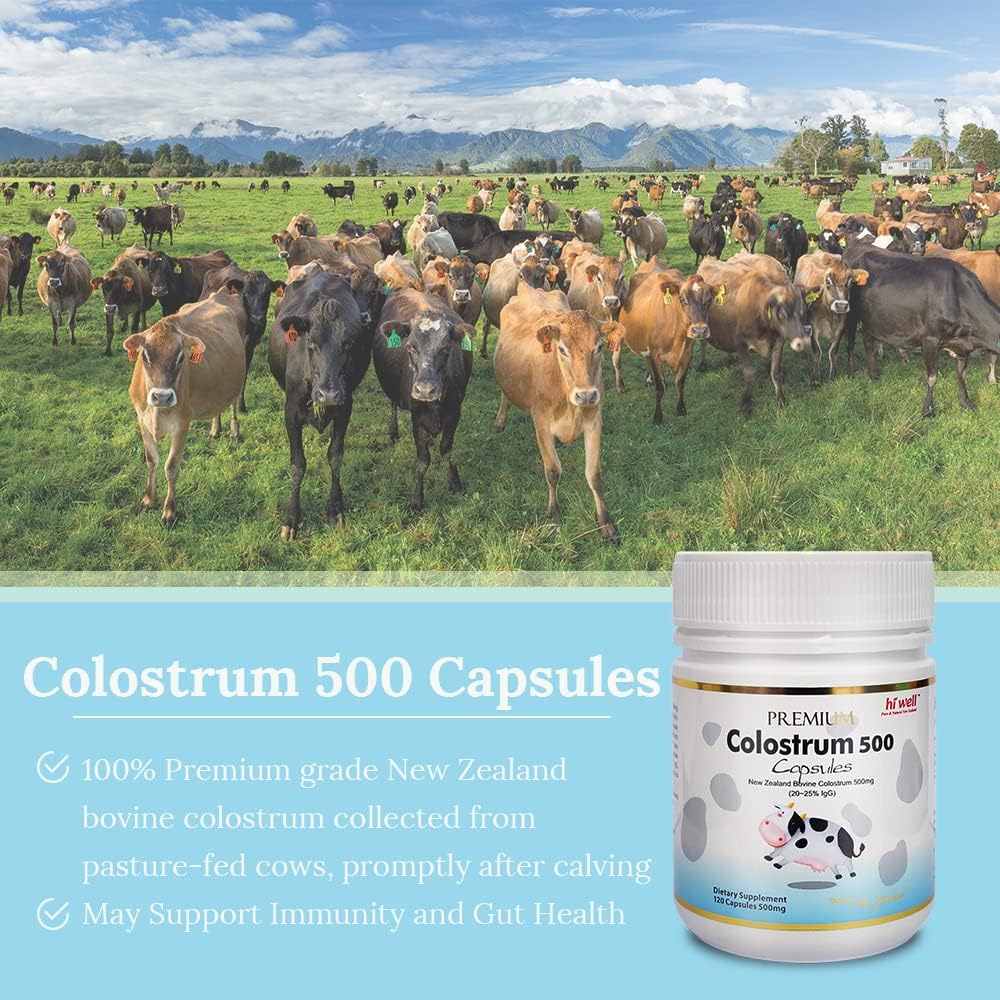 Hi Well Premium Calostro Bovino 100% Puro de Nueva Zelanda Grass-Fed 500mg 120 Cápsulas