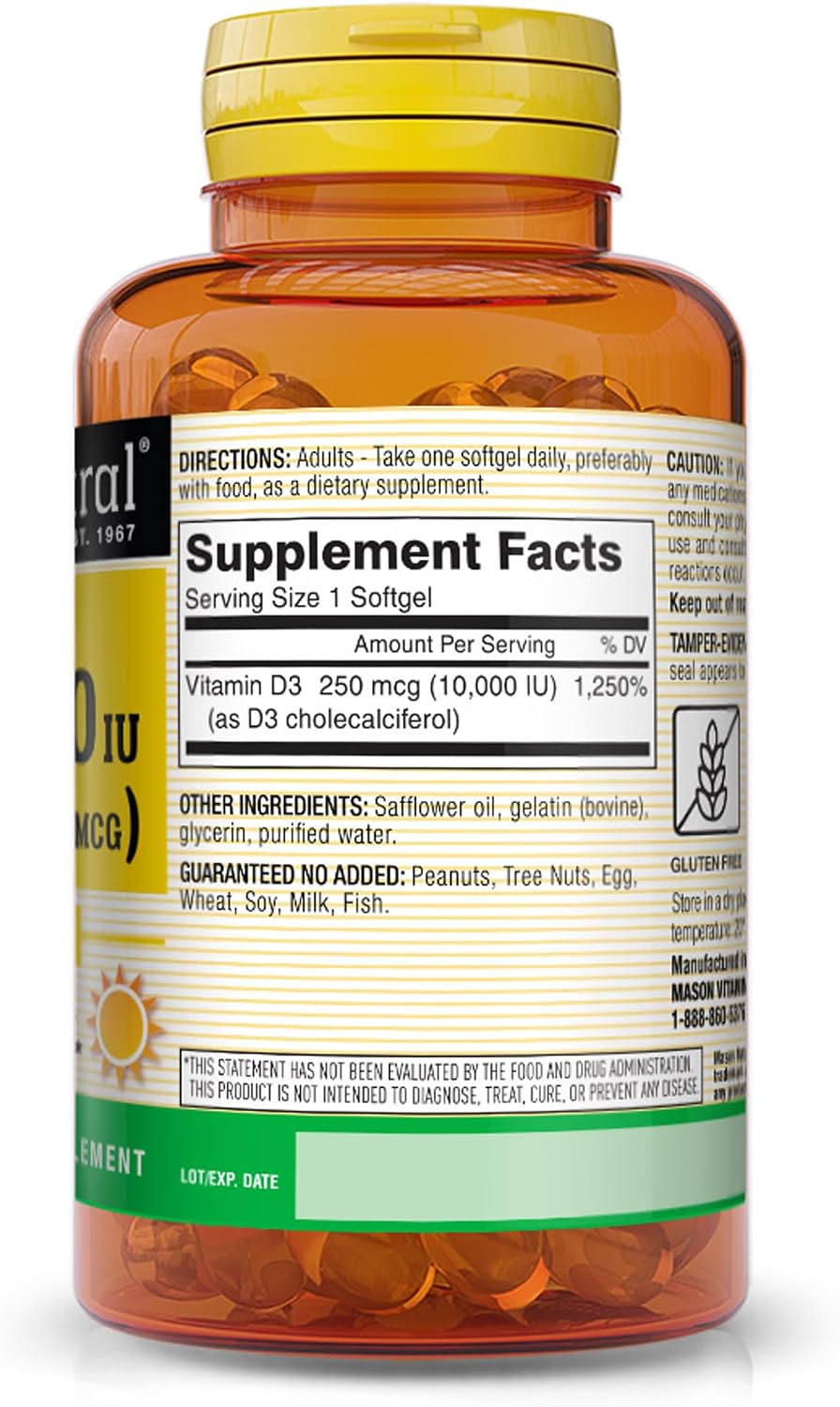 Mason Natural Vitamina D3 250 mcg (10000 IU) - 60 Cápsulas Blandas