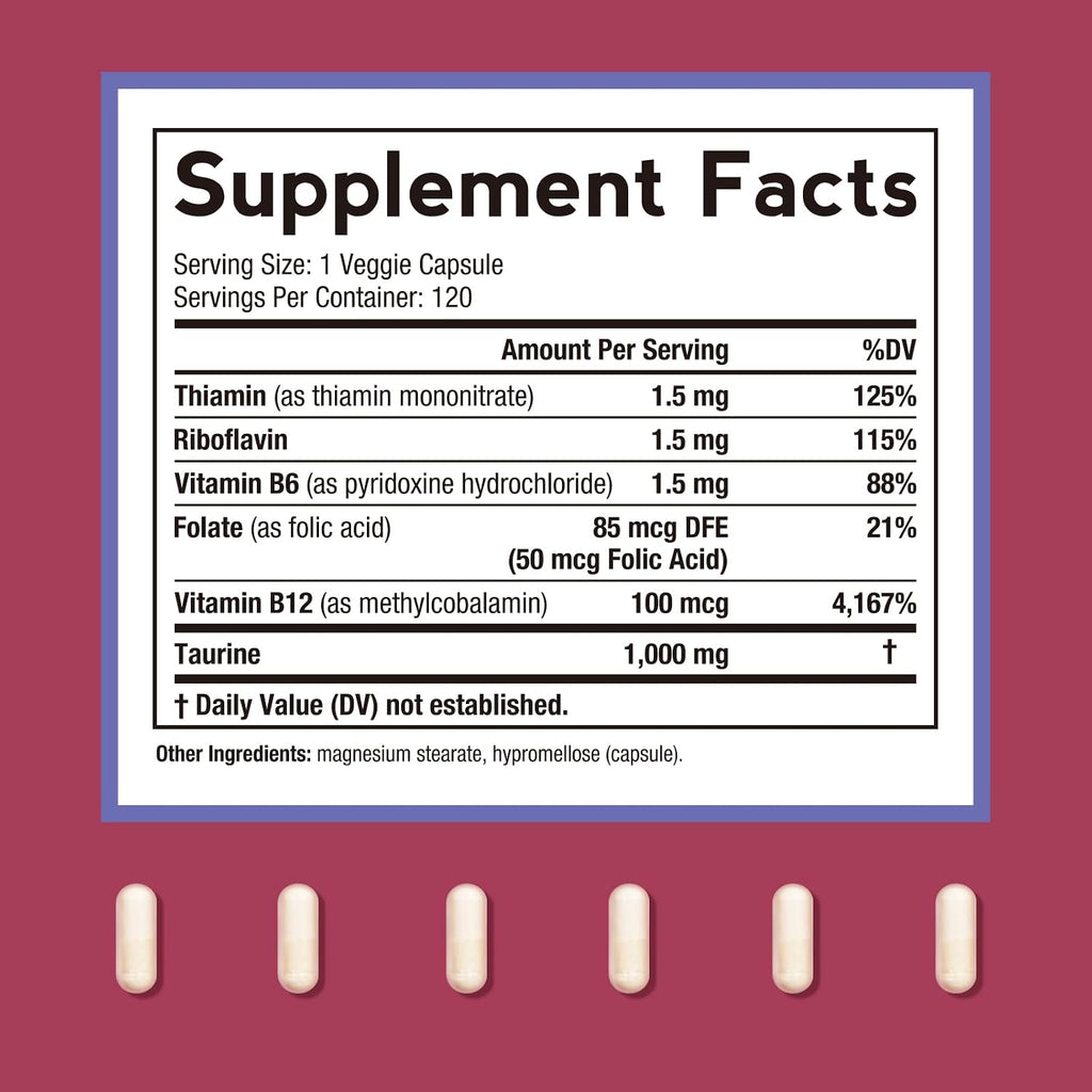 Doctor's Recipes Suplemento de Taurina 1000mg con Vitaminas B, 120 Cápsulas Vegetales