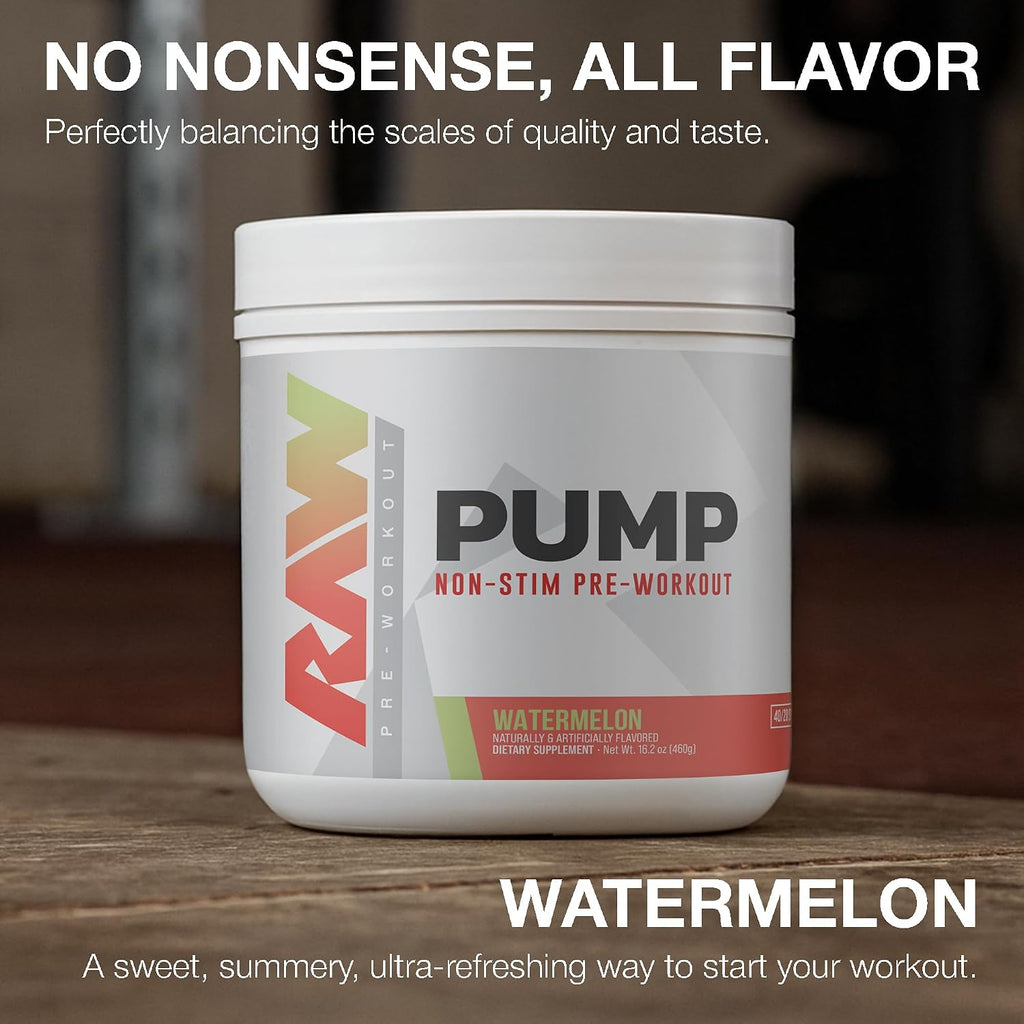 RAW Pump - Pre-Entreno Sin Estimulantes, Sabor Sandía (Watermelon), 40 Dosis