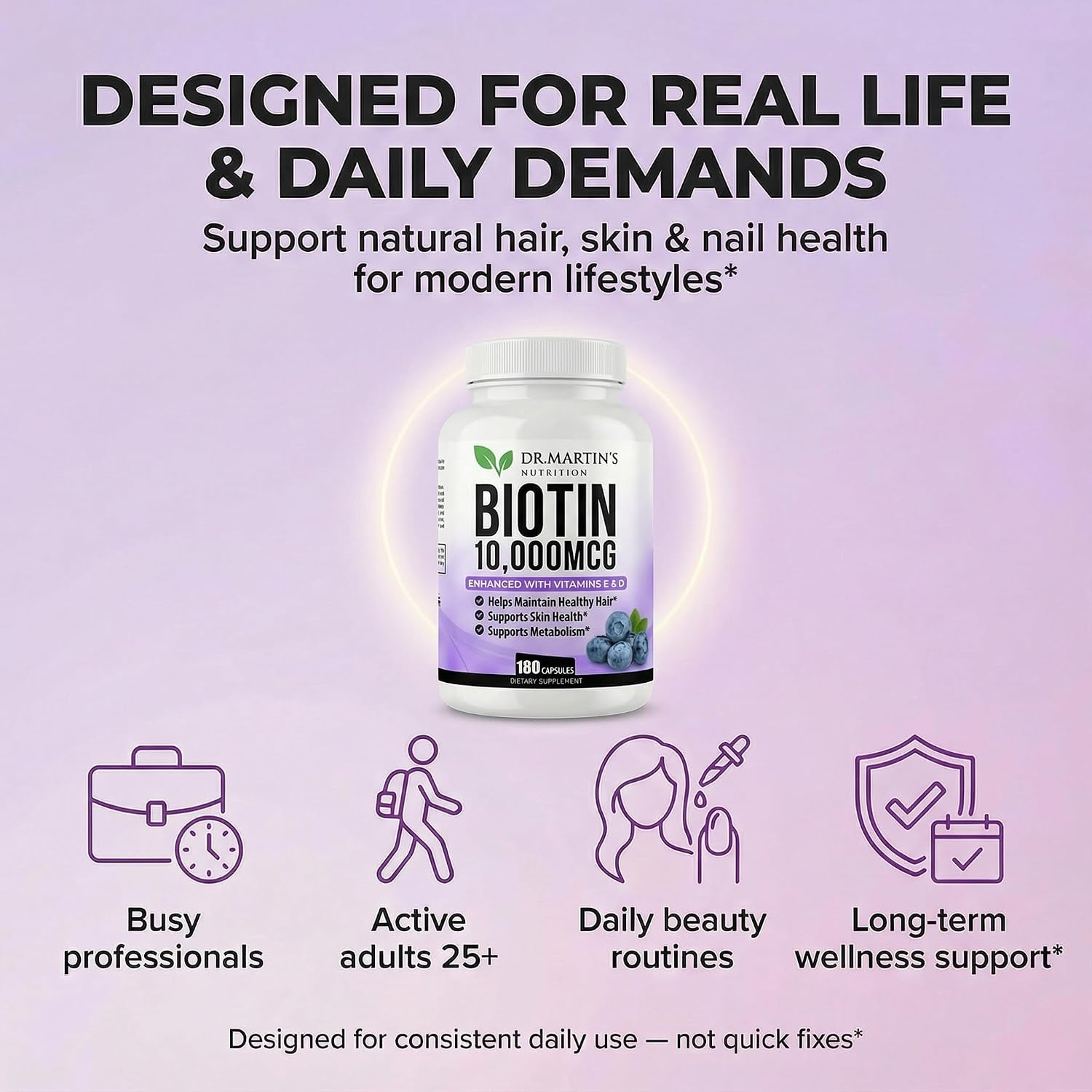 DR. MARTIN'S NUTRITION Biotina 10.000 mcg con Vitamina D3 y E, 180 Cápsulas