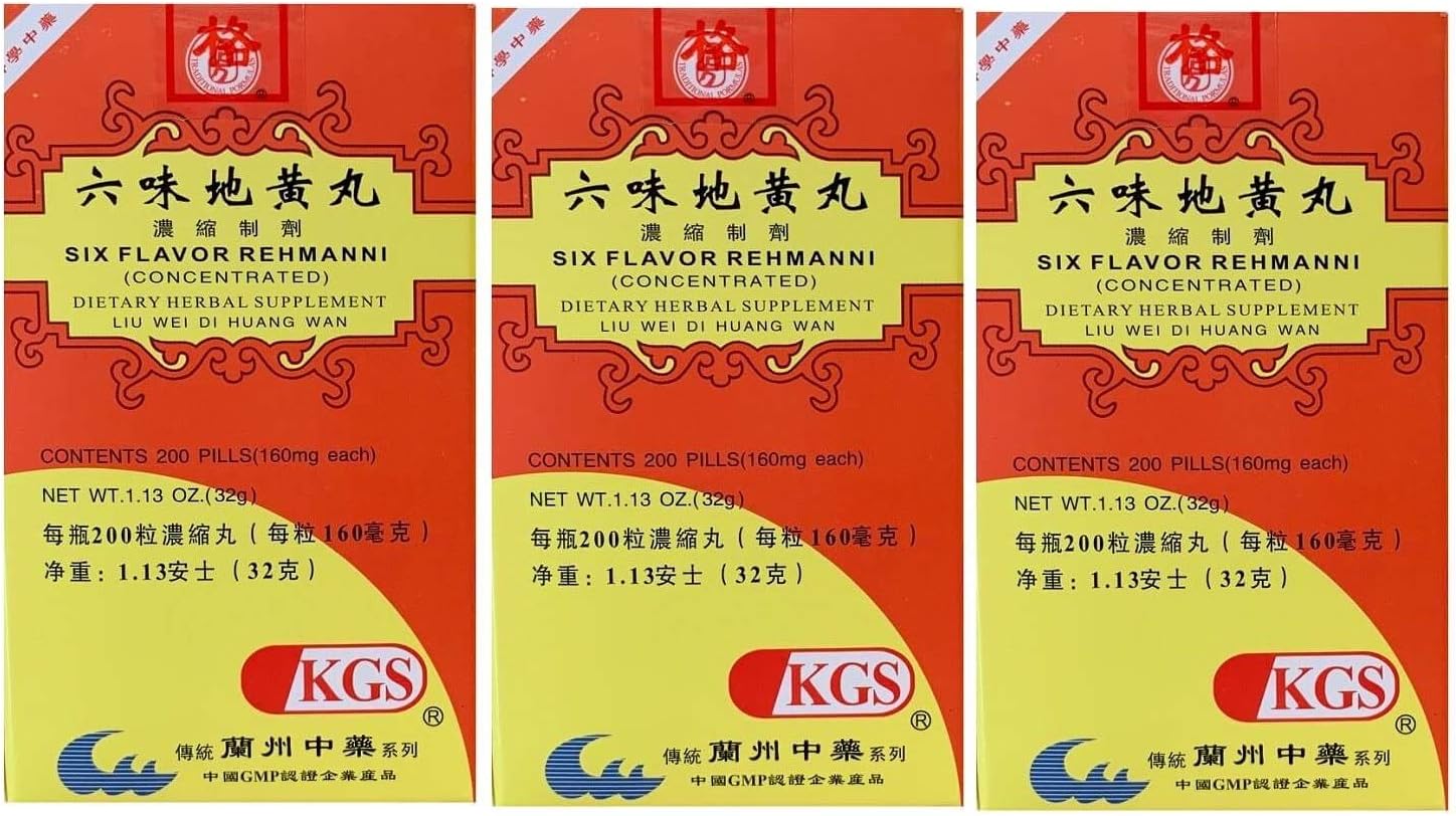 KGS Six Flavor Rehmanni, Liu Wei Di Huang Wan (200 comprimidos) - 3 frascos