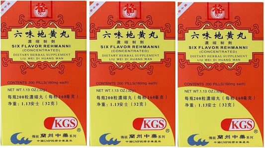 KGS Six Flavor Rehmanni, Liu Wei Di Huang Wan (200 comprimidos) - 3 frascos