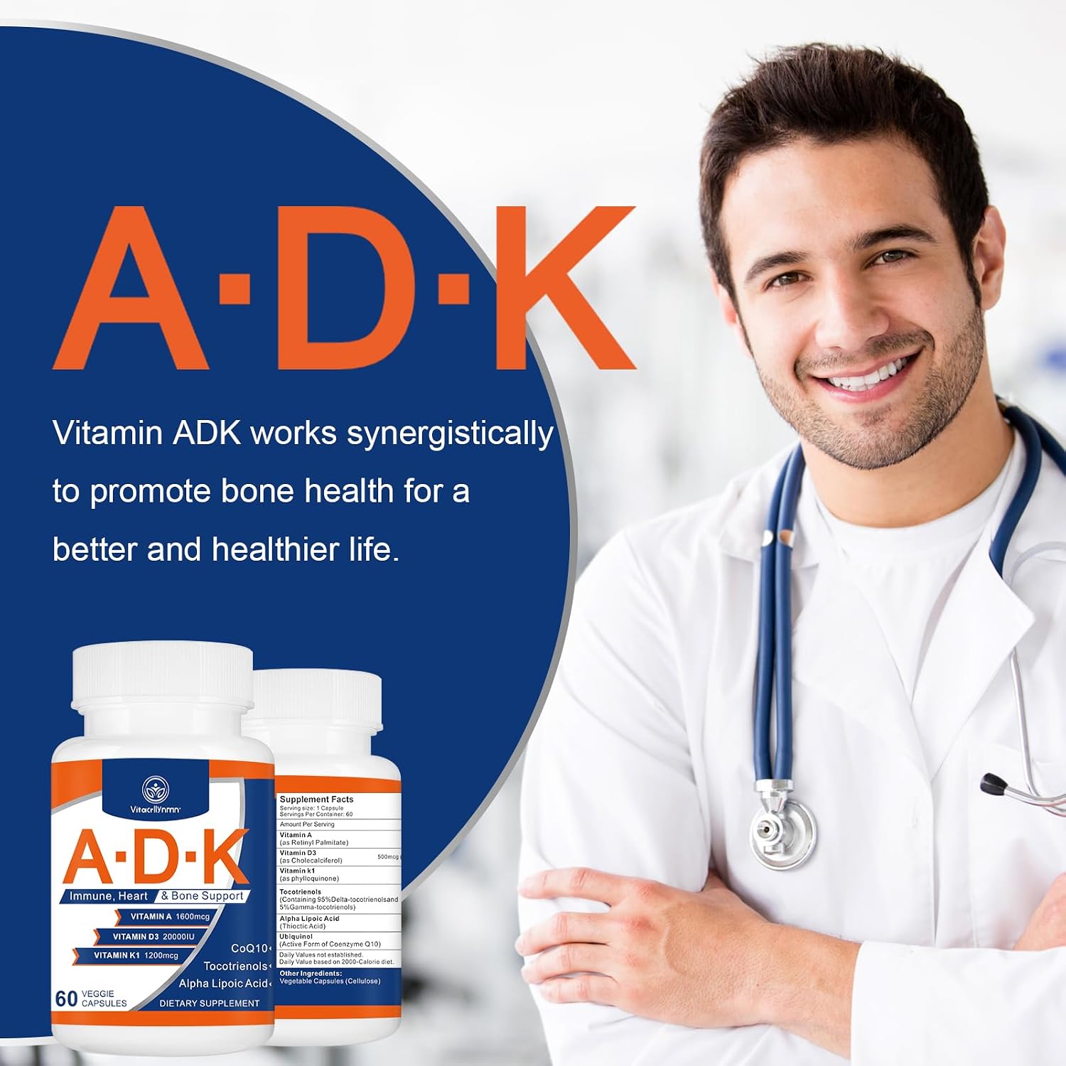 Suplemento ADK de Vitaminas A, D3 y K - Alta Potencia 20000 UI - 120 Cápsulas
