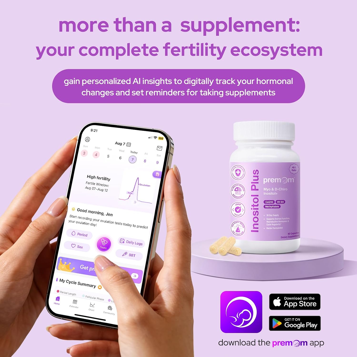Premom Inositol Plus para Mujeres – 2000 mg Myo-Inositol y 50 mg D-Chiro Inositol (Proporción 40:1), con CoQ10, Metilfolato y Vitamina D3 – 90 Cápsulas Veganas