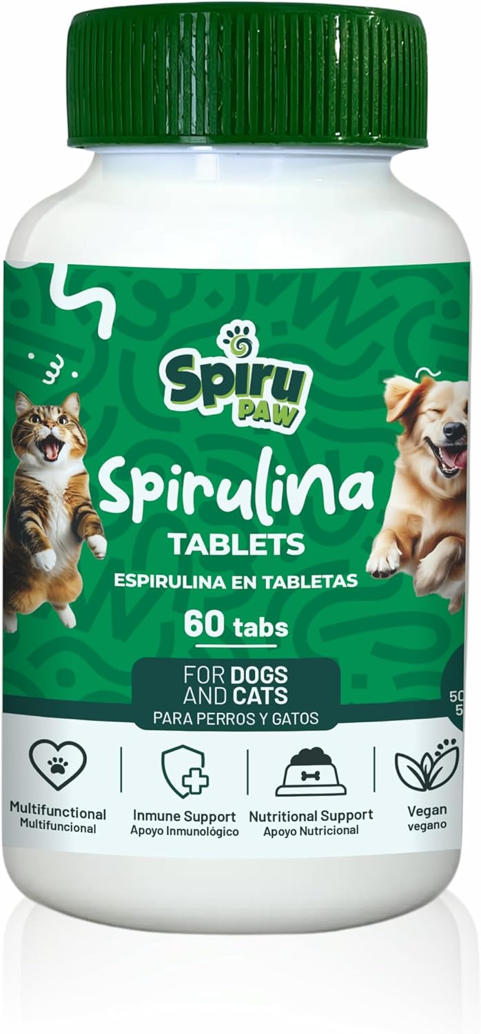SPIRU PAW Comprimidos de Espirulina para Perros y Gatos - Complemento Natural con Microalgas - 60 Comprimidos