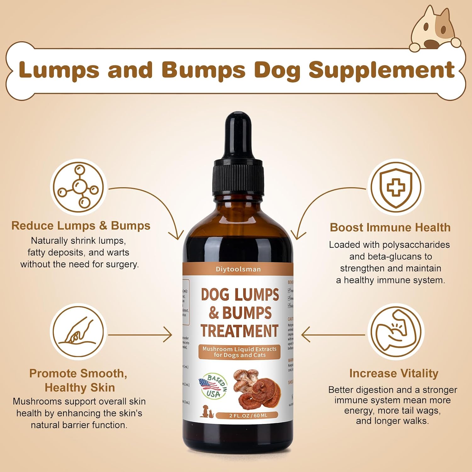 Suplemento de Hongos para Perros y Gatos – Tratamiento de Bultos y Lipomas – con Reishi, Cola de Pavo, Matsutake y Cordyceps – Líquido 104 ml