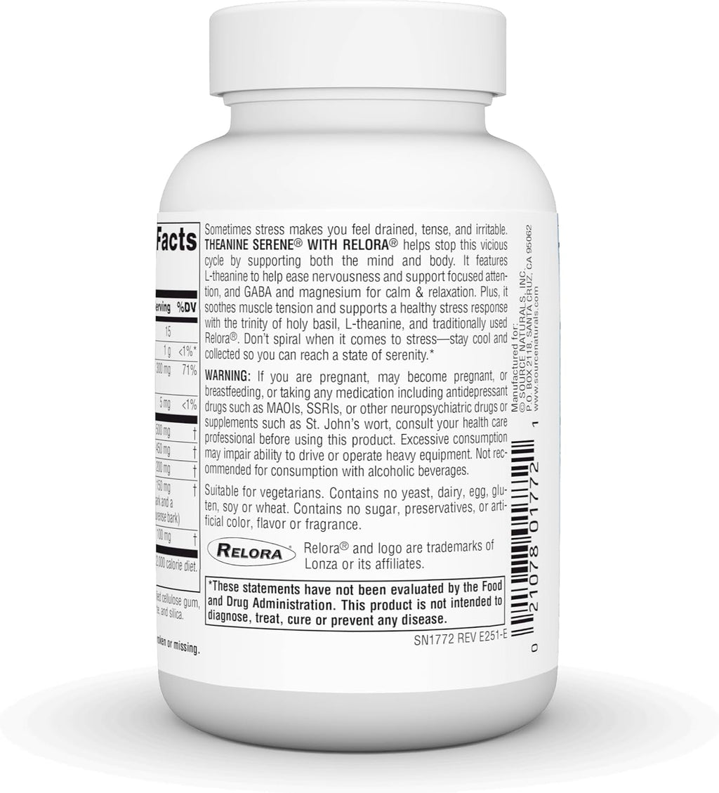 Source Naturals Serene Science Theanine Serene con Relora – Mente y Cuerpo Tranquilos – 60 Comprimidos
