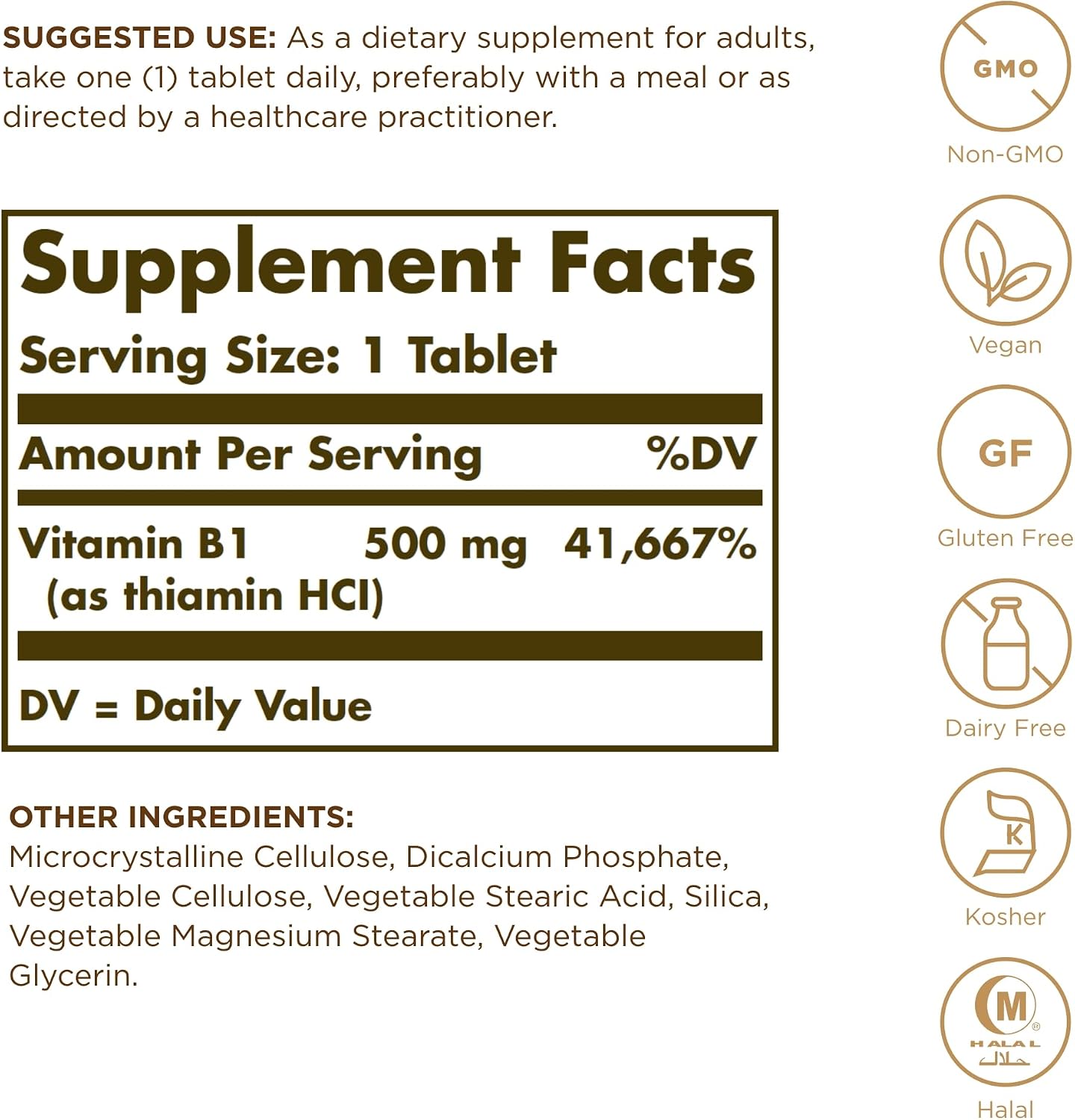 Solgar Vitamina B1 (Tiamina) 500 mg - 100 Comprimidos - Fórmula de Super Potencia