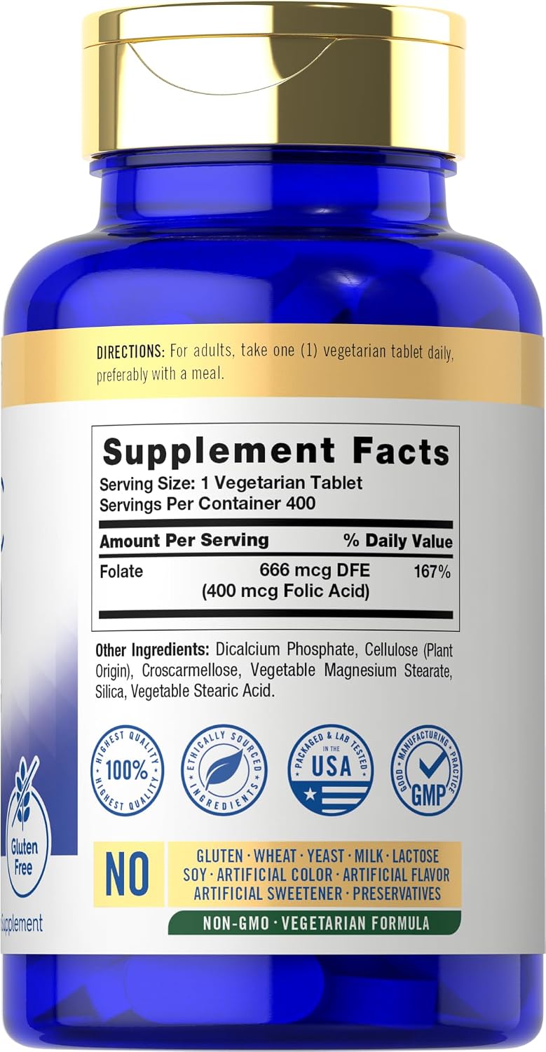 Carlyle Ácido Fólico 400 mcg | 400 Comprimidos | Vegetariano, No-GMO, Sin Gluten