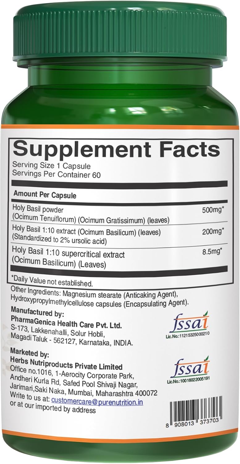Pure Nutrition Tulsi Extract 708mg - 60 Cápsulas Veganas con Eugenoles y Ácido Ursólico