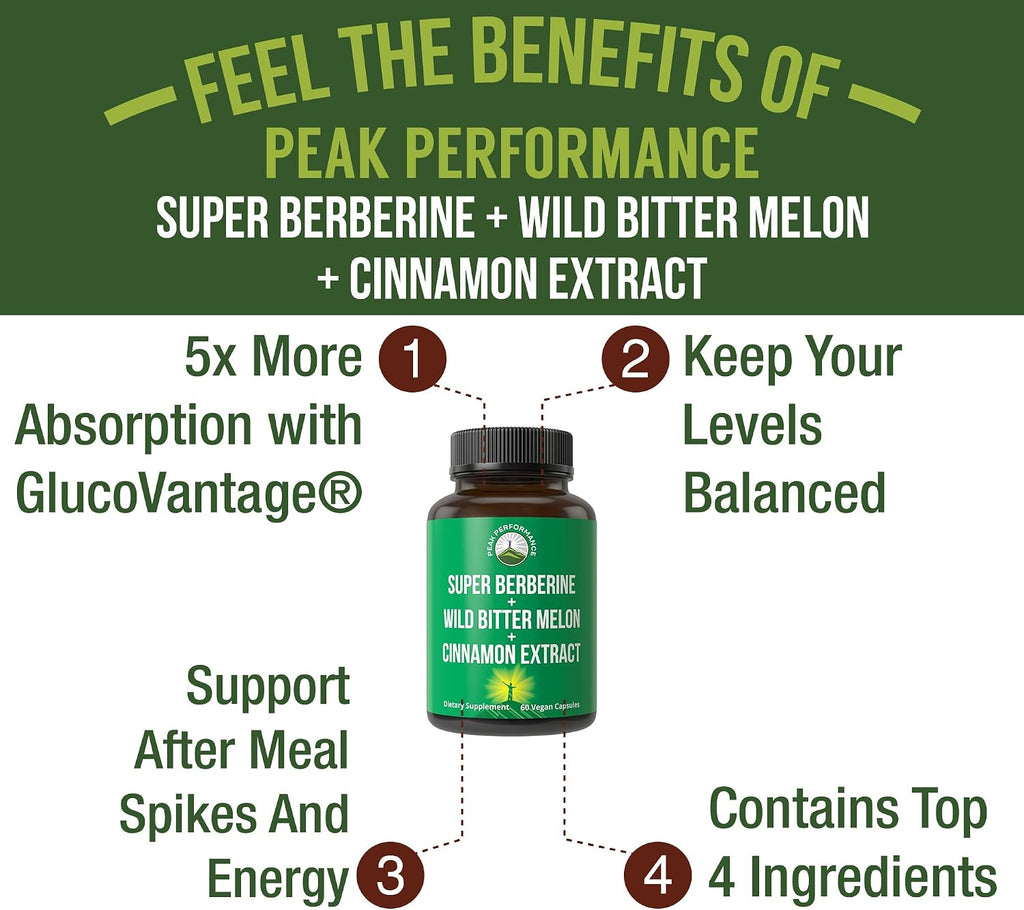 Ultra High Strength 4-in-1 Super Berberine con GlucoVantage, Melón Amargo, Canela y Cromo - Cápsulas Veganas