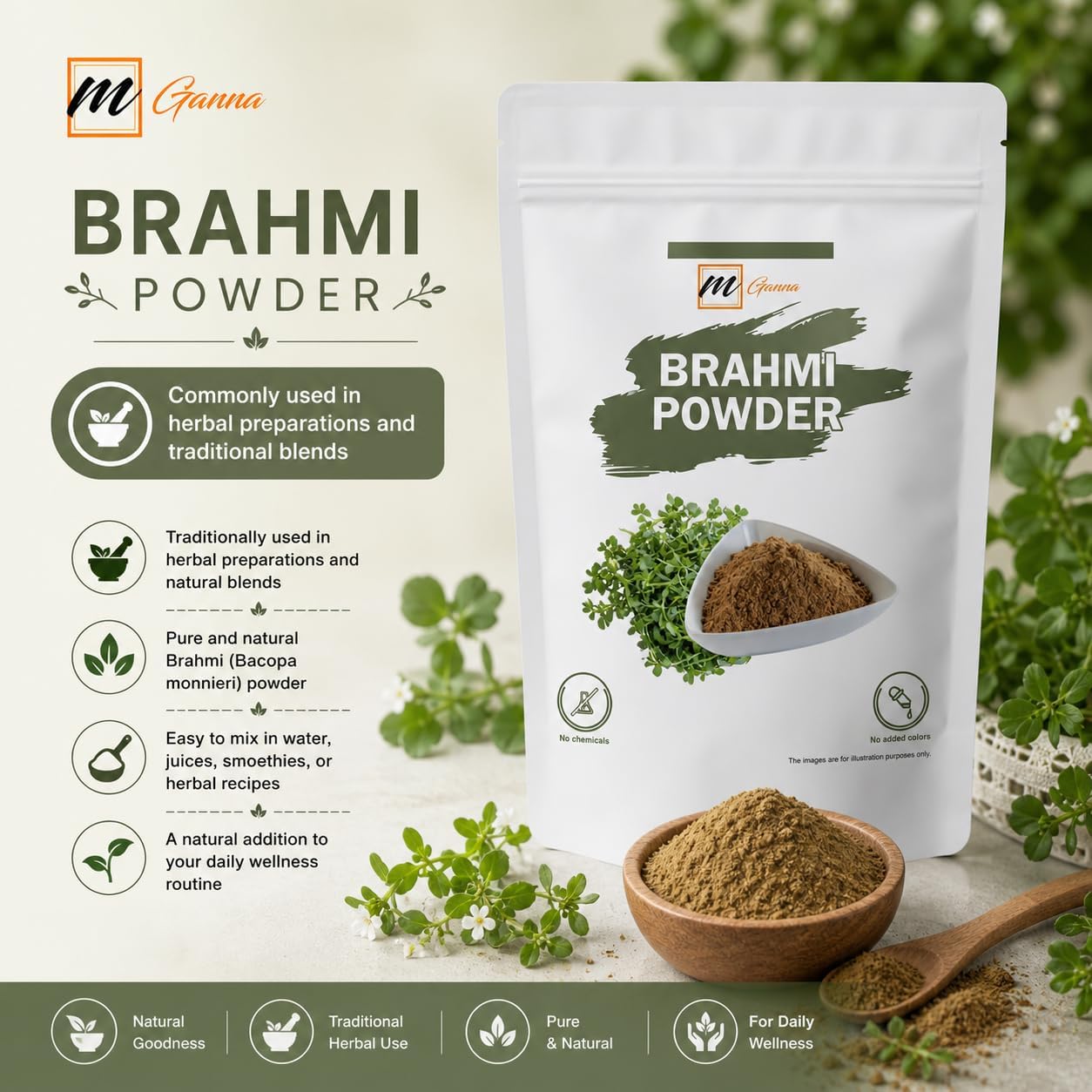 mGanna Brahmi en Polvo 100% Puro y Natural 100 g - Bacopa Monnieri