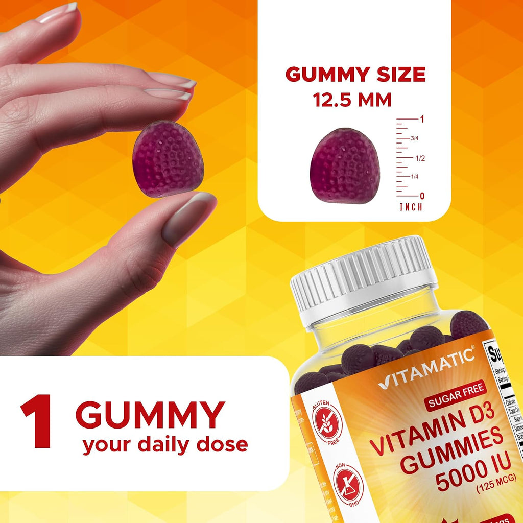 Vitamatic Vitamina D3 5000 UI sin Azúcar - 120 Gominolas - Sabor Mora - Huesos, Estado de Ánimo y Sistema Inmunitario