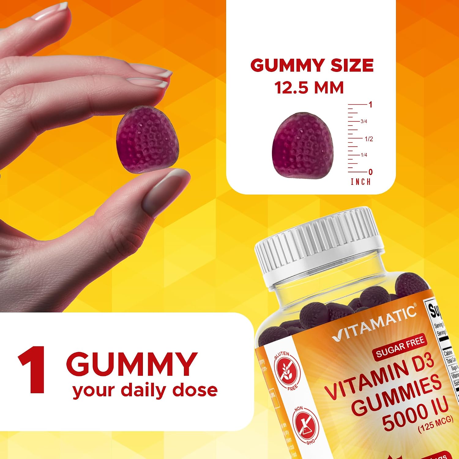 Vitamatic Vitamina D3 5000 UI sin Azúcar - 120 Gominolas - Sabor Mora - Huesos, Estado de Ánimo y Sistema Inmunitario