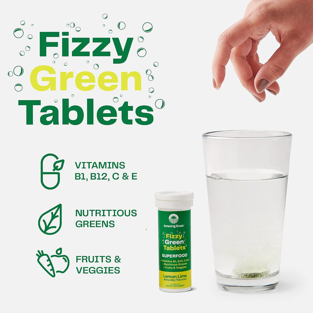 Amazing Grass Fizzy Green Tablets Superfood, Sabor Limón Lima, 30 Comprimidos (3 Tubos de 10)