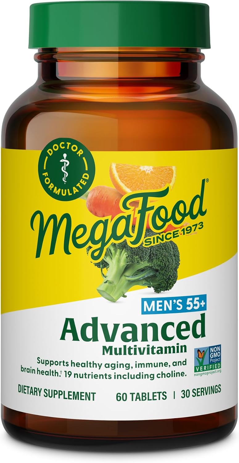 MegaFood Multivitamínico Avanzado para Hombres 55+, Multivitamínico para Hombres 50 Plus, con Metilfolato, B12 Metilada, Colina, Vitamina D, Salud Cerebral y Muscular, Apoyo Inmunológico, Vegetariano - 60 Comprimidos (30 Porciones)