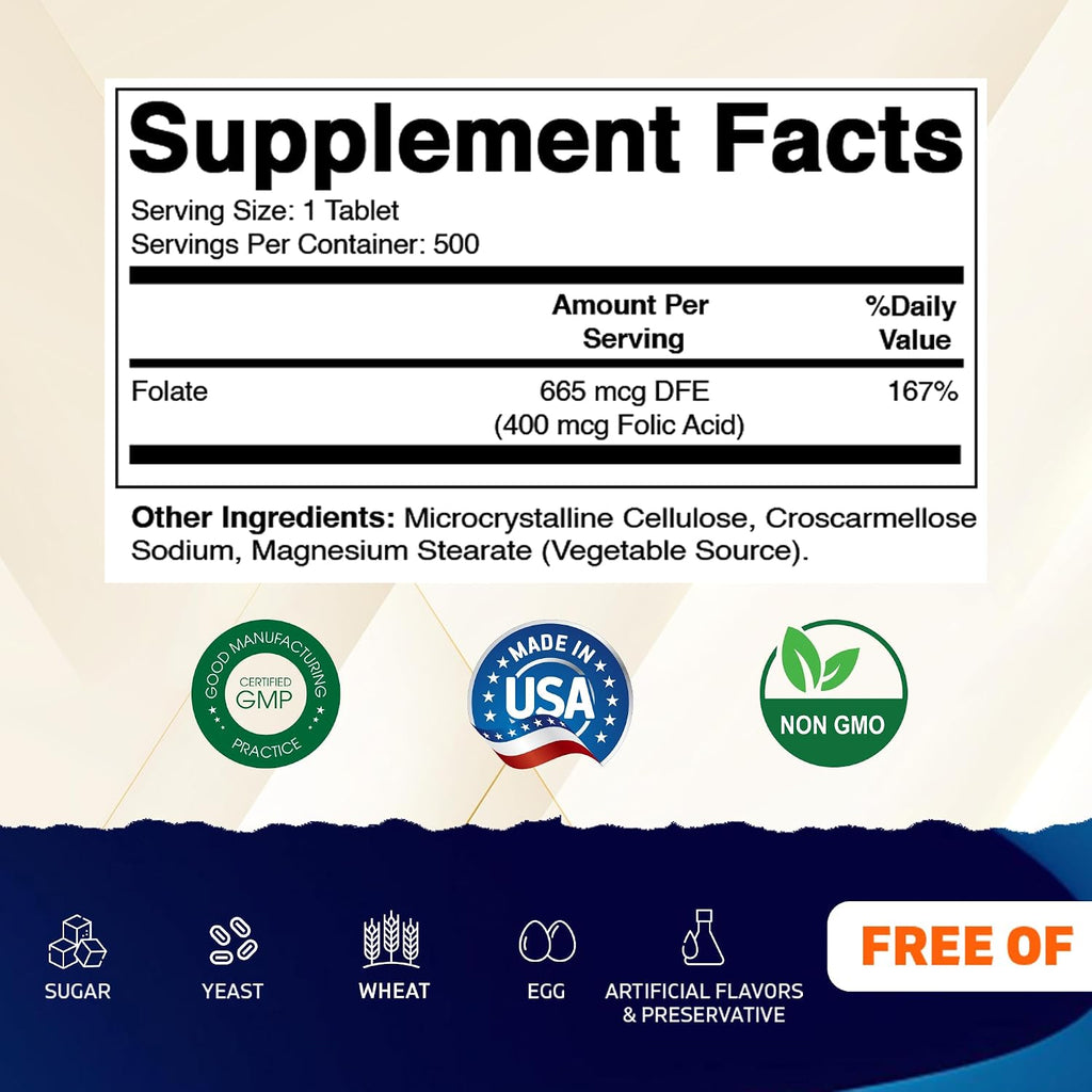 Vitamatic Ácido Fólico 400 mcg - 500 Comprimidos Vegetarianos - Vitamina B9