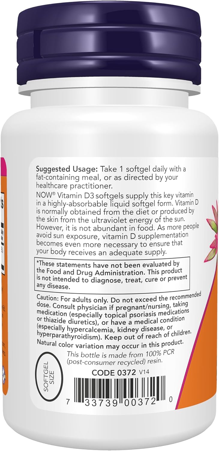 NOW Foods Vitamina D-3 5000 UI – 120 Cápsulas Blandas – Alta Potencia