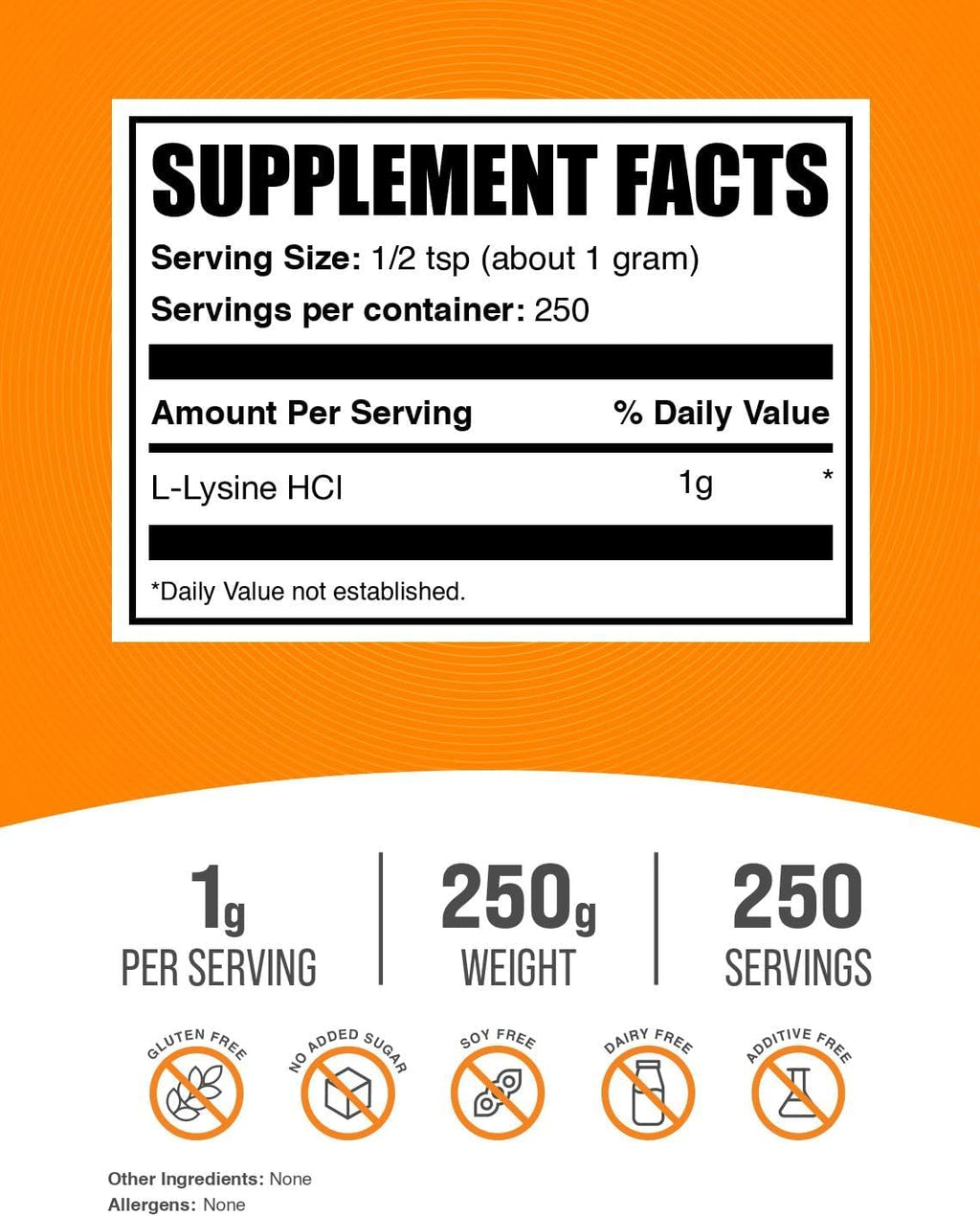 L-Lisina en Polvo (250g) - Aminoácido Esencial - BulkSupplements