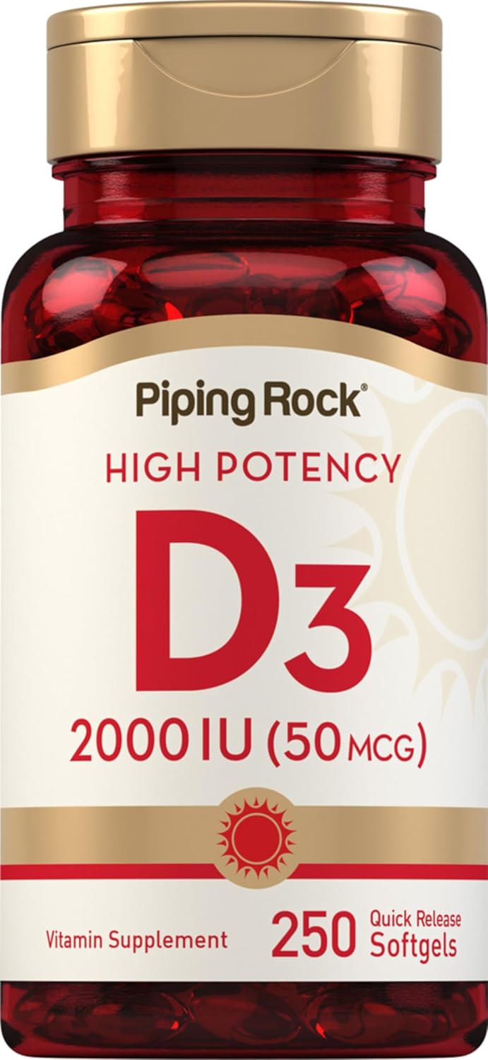 Piping Rock Vitamina D3 2000 IU | 250 Cápsulas Blandas | Alta Potencia | Suplemento de Colecalciferol | No-GMO, Sin Gluten