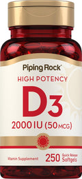 Piping Rock Vitamina D3 2000 IU | 250 Cápsulas Blandas | Alta Potencia | Suplemento de Colecalciferol | No-GMO, Sin Gluten