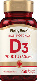 Piping Rock Vitamina D3 2000 IU | 250 Cápsulas Blandas | Alta Potencia | Suplemento de Colecalciferol | No-GMO, Sin Gluten