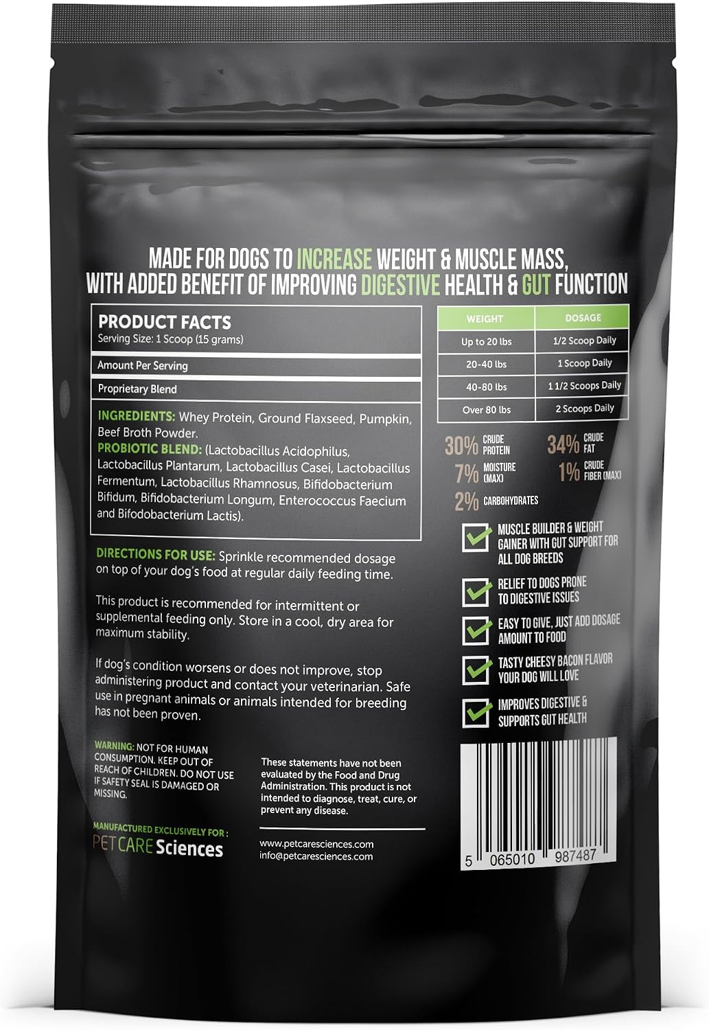Dog Weight Gainer con Probióticos - Suplemento para Ganar Peso y Músculo en Perros - 90 Dosis - Sabor Queso y Bacon