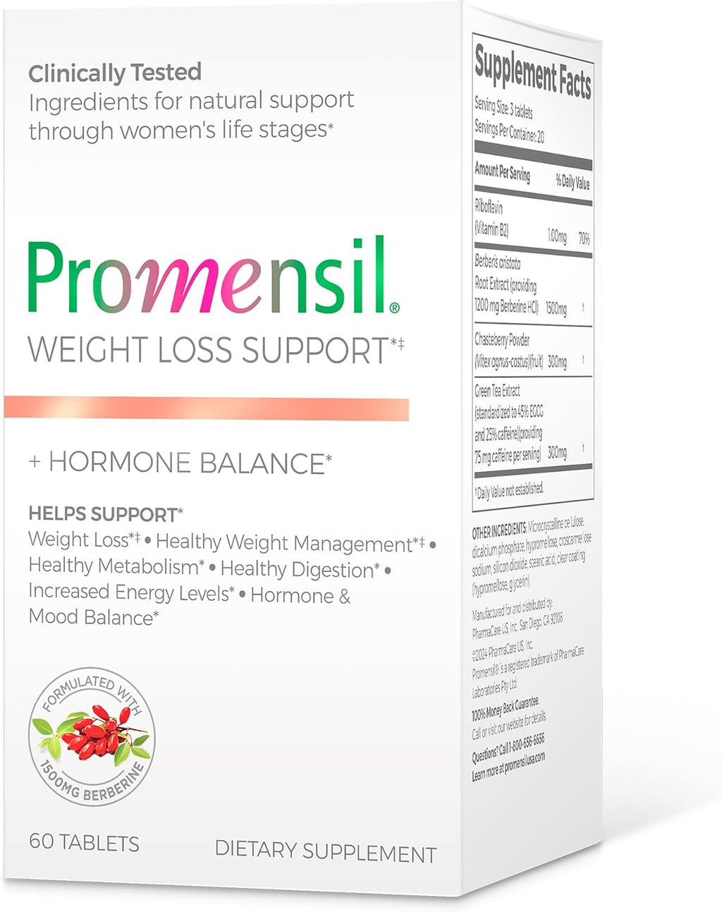 Promensil Weight Loss Support - Berberina HCL con Té Verde y Sauzgatillo - 60 Comprimidos