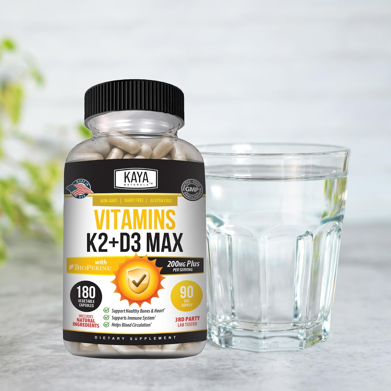 Kaya Naturals Vitaminas K2 con D3 5000IU Suplemento para Hombres y Mujeres - Cápsulas Fáciles de Tragar con Bioperina (180 Cápsulas)