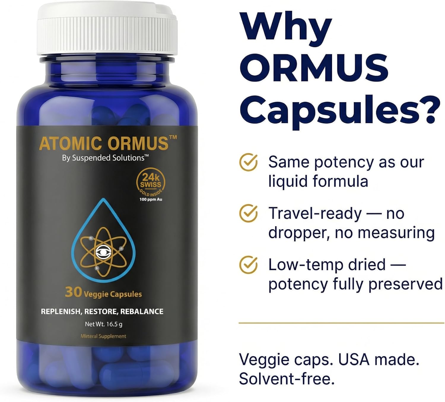 Atomic Ormus Cápsulas Monoatómicas 24k Oro, Platino e Iridio - 30 cápsulas - Suspended Solutions