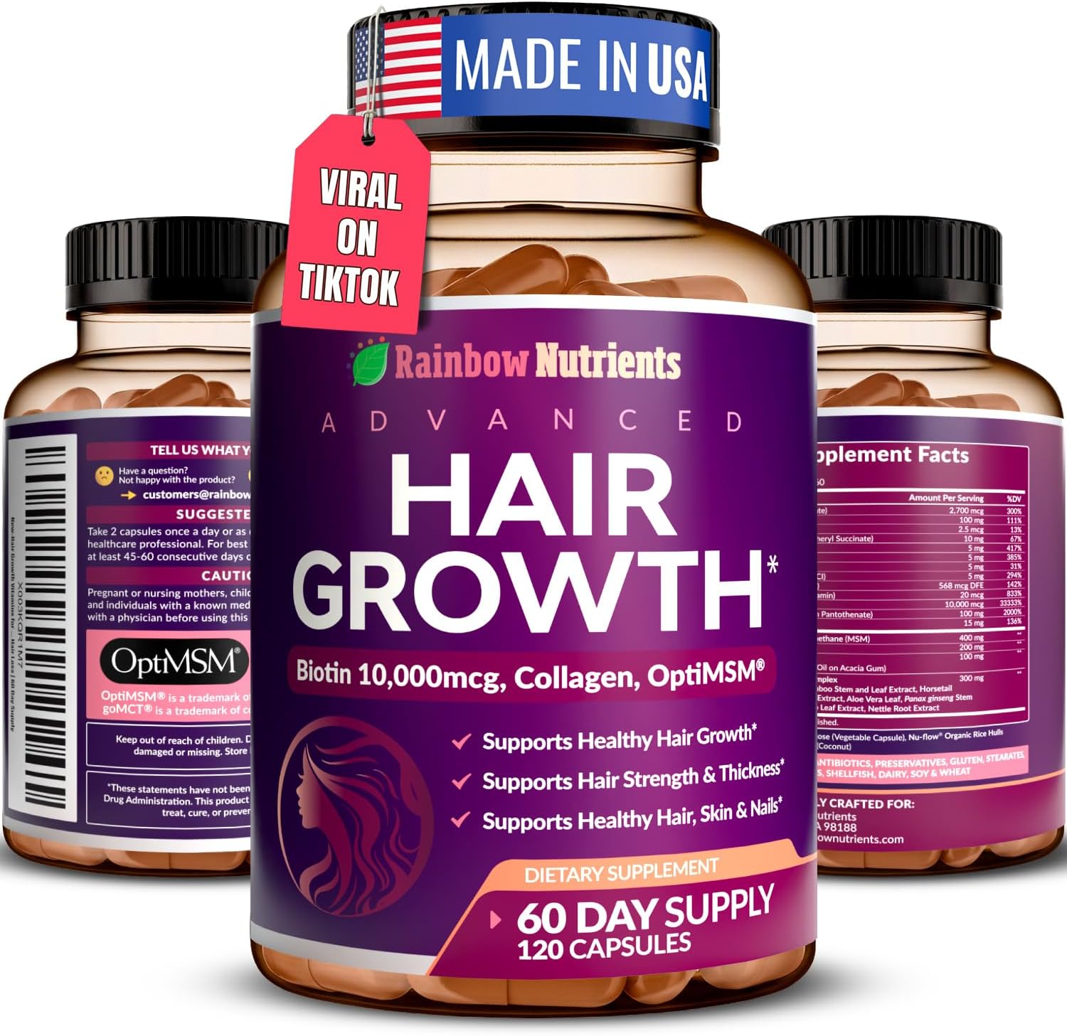 Vitaminas para el Cabello con Biotina 10.000mcg, Colágeno y OptiMSM® - 60 Cápsulas