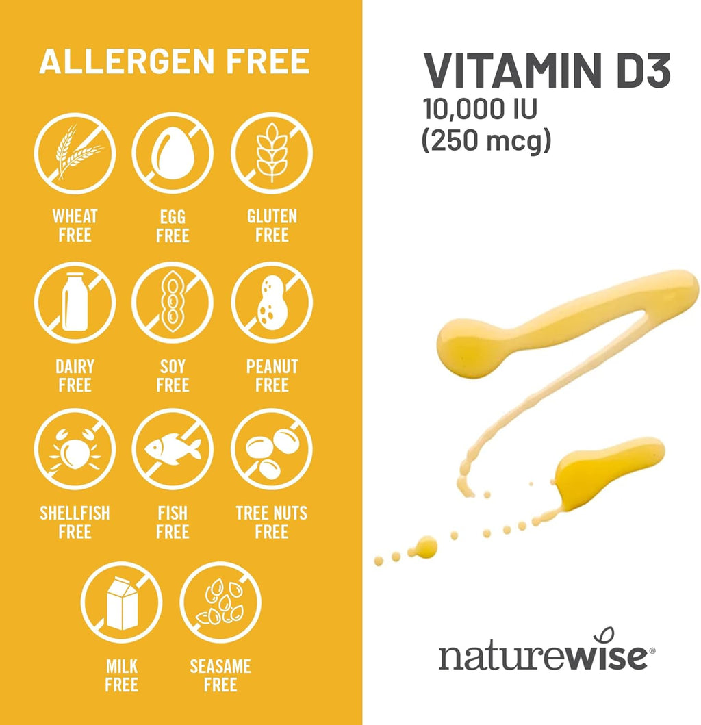 NatureWise Vitamina D3 10,000IU (250 mcg) - Alta Potencia para el Sistema Inmunitario y Función Muscular - No-GMO, Sin Gluten, en Aceite de Oliva Virgen Extra Ecológico (Mini Softgels, 30 Cápsulas)