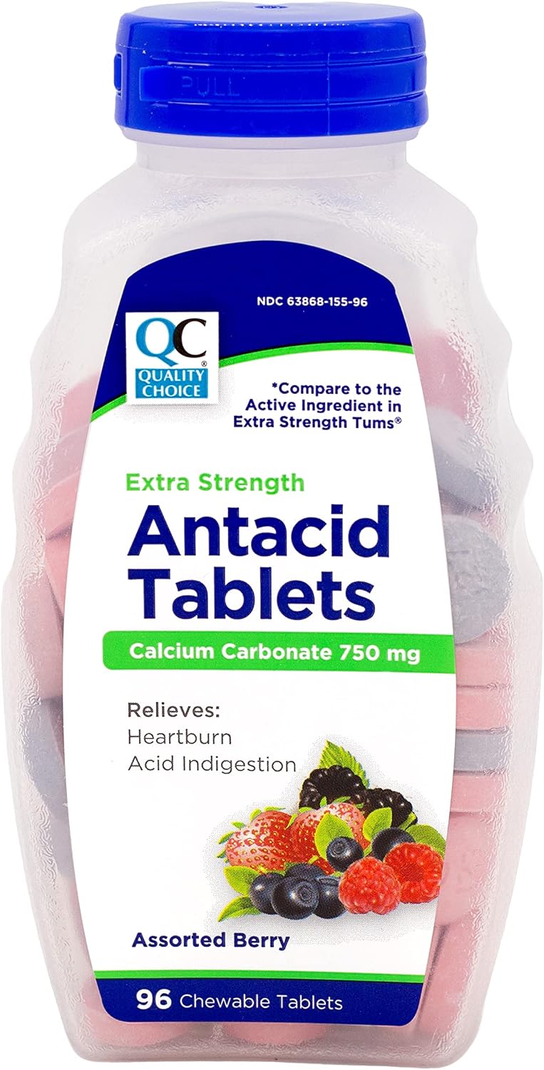 Quality Choice Antiácido Extra Strength - Carbonato Cálcico 750 mg - 96 Comprimidos Masticables Sabor Bayas (Pack de 2)
