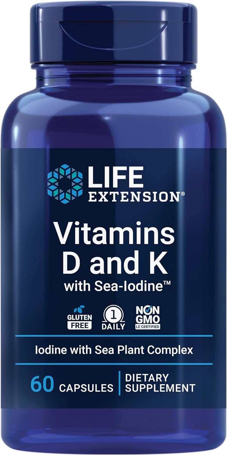 Life Extension Vitaminas D y K con Yodo Marino, 60 Cápsulas