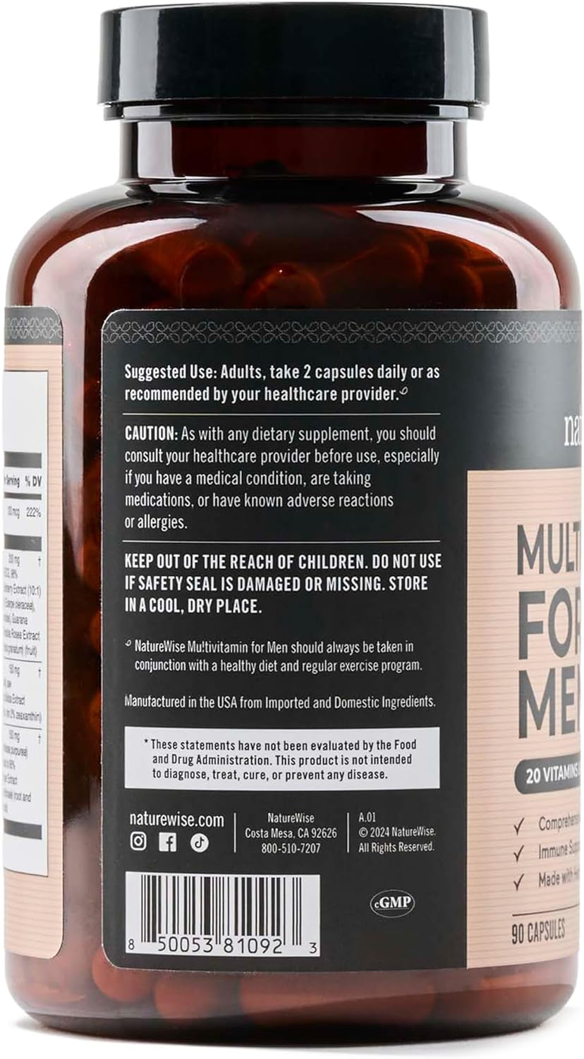 NatureWise Multivitamínico para Hombres - Apoyo Diario - Minerales y Hierbas para Energía, Rendimiento, Inmunidad - con Vitamina A, C, D, Complejo B - Sin Soja ni Gluten, No GMO - 90 Cápsulas