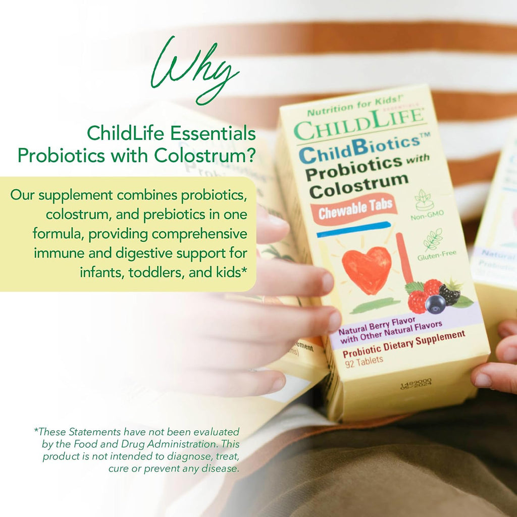 CHILDLIFE ESSENTIALS ChildBiotics con calostro - Probióticos masticables para niños, sabor natural a bayas, 92 comprimidos (Paquete de 2)